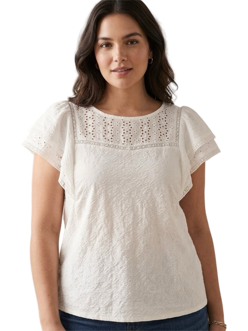 LOFT Off-White Eyelet Yoke Flutter Sleeve Blouse Size M